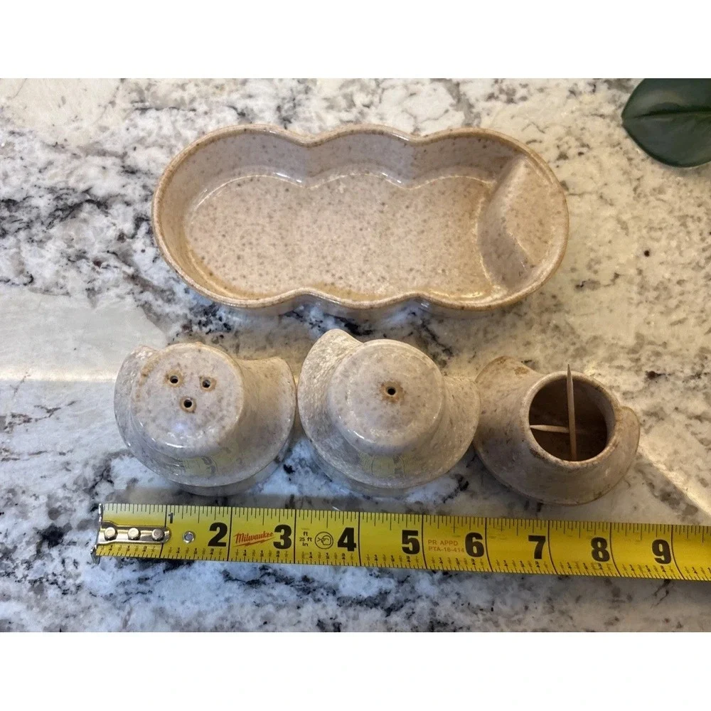 Vintage Israel Salt and Pepper Nurit Pottery Abstract MCM Toothpick Holder Caddy